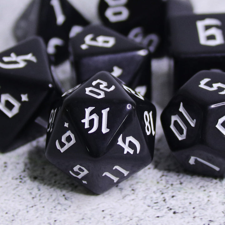 Economy Black Dice (White font) 7-Dice Set RPG DND