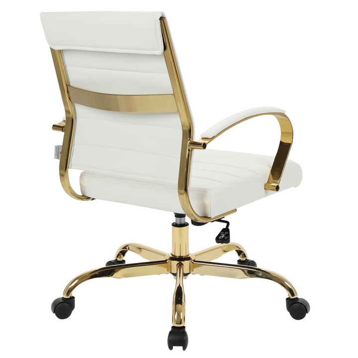 LeisureMod Benmar Home Leather Office Chair with Gold Frame White Back View.