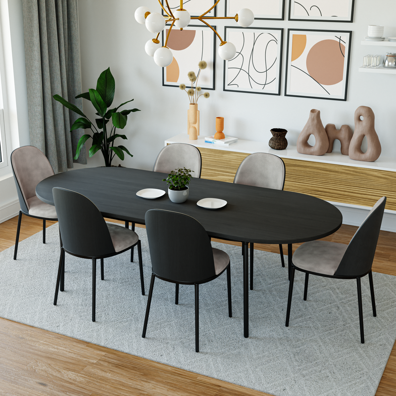 LeisureMod Tule Modern 83" Oval Dining Table with MDF Top and Black Steel Legs in Black in Dining Room.