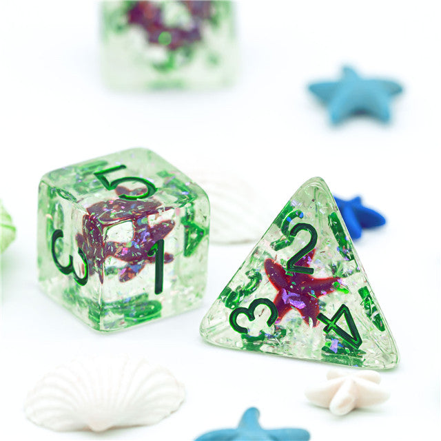 Green w/Purple Starfish Dice 7-Dice Set Resin Dungeons and Dragons Dice