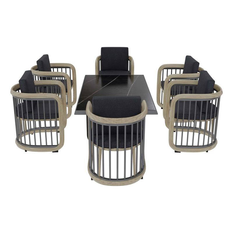 LeisureMod Klyra 7-Piece Aluminum Dining Set with 1 Rectangular Dining Table and 6 Dining Chairs in Grey Photo.