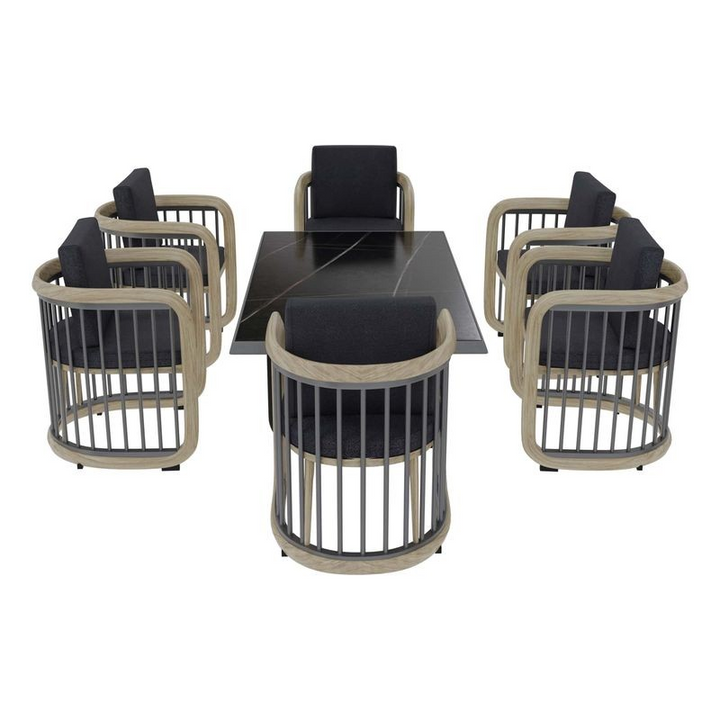 LeisureMod Klyra 7-Piece Aluminum Dining Set with 1 Rectangular Dining Table and 6 Dining Chairs in Grey Photo.