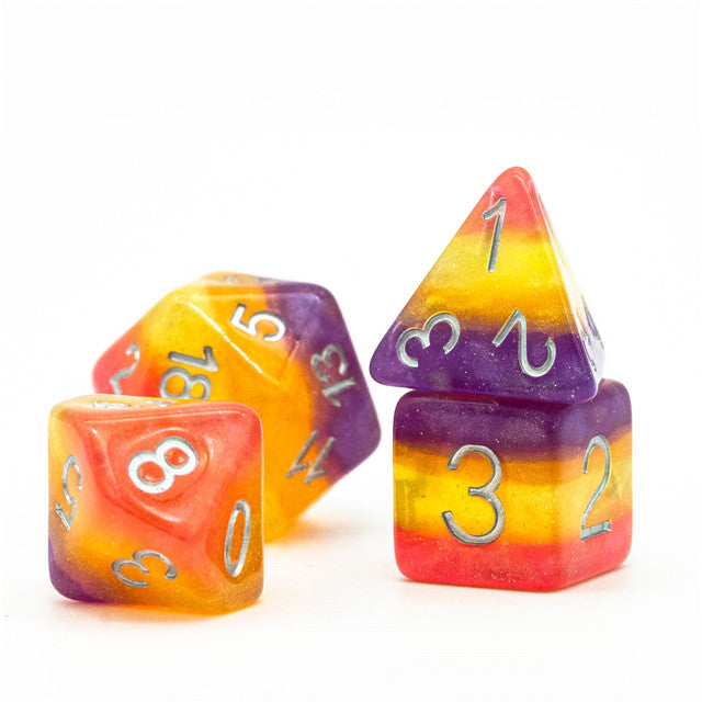 Orange Yellow Purple Glitter Layer 7-Dice Set w/Silver Numbers