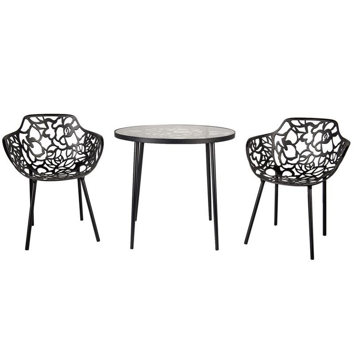 LeisureMod Devon Tree Design Glass Top Aluminum Base Indoor Outdoor Bistro Dining Table Black with Chairs.