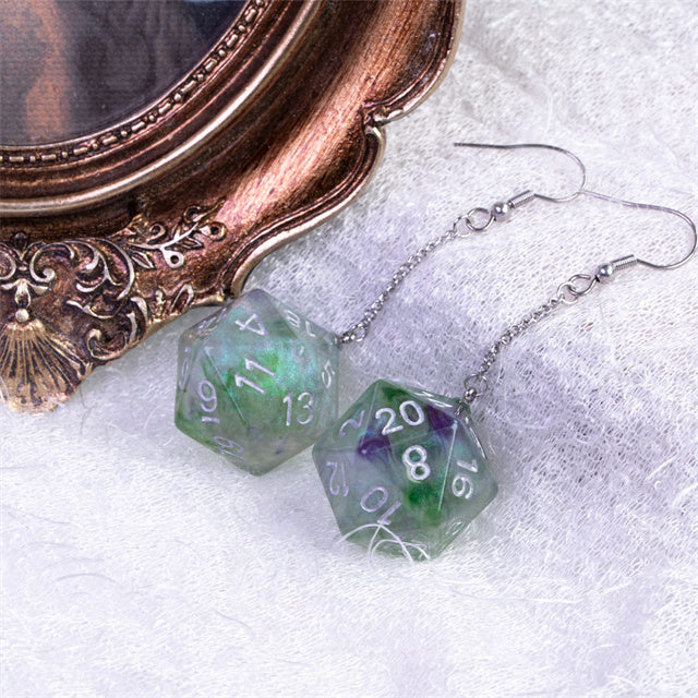 Glitter Green Dice Earrings: D20 Dice Spinning Colors Nerdy RPG Jewelry
