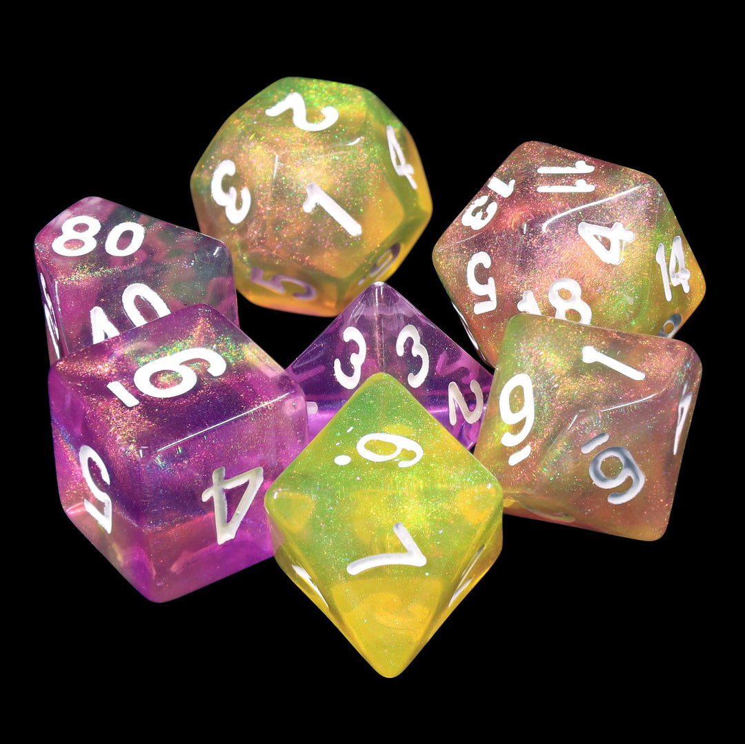 Lemon Jelly Purple/Yellow Glitter 7-Dice Set by HendgaDice