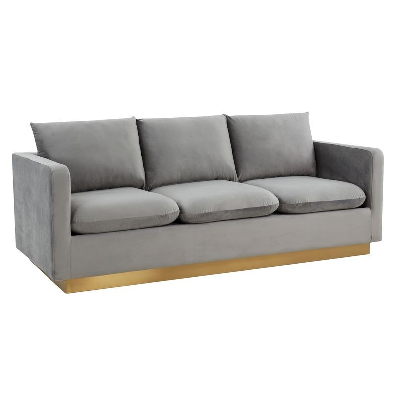 LeisureMod Nervo Modern Mid-Century Upholstered Velvet Sofa with Gold Frame Light Grey