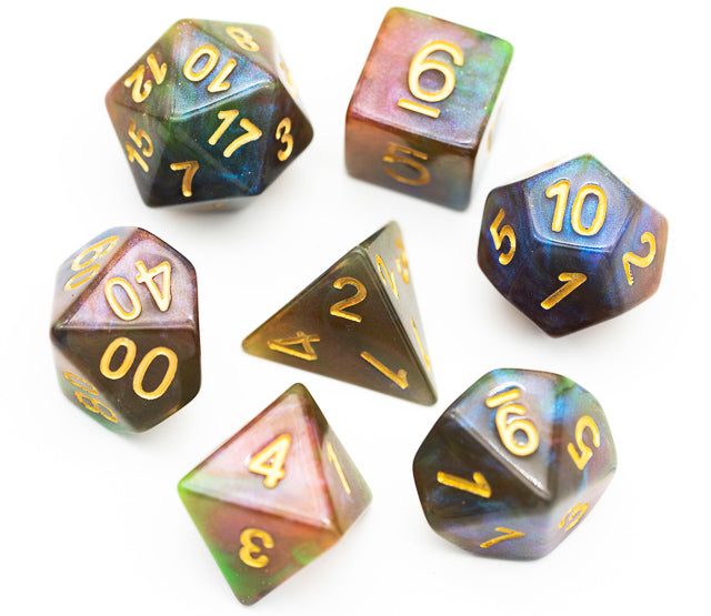 Purple & Green w/gold Galaxy Glitter 7-Dice Set RPG