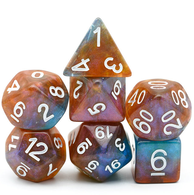 Brown & Blue w/white Galaxy Glitter 7-Dice Set RPG