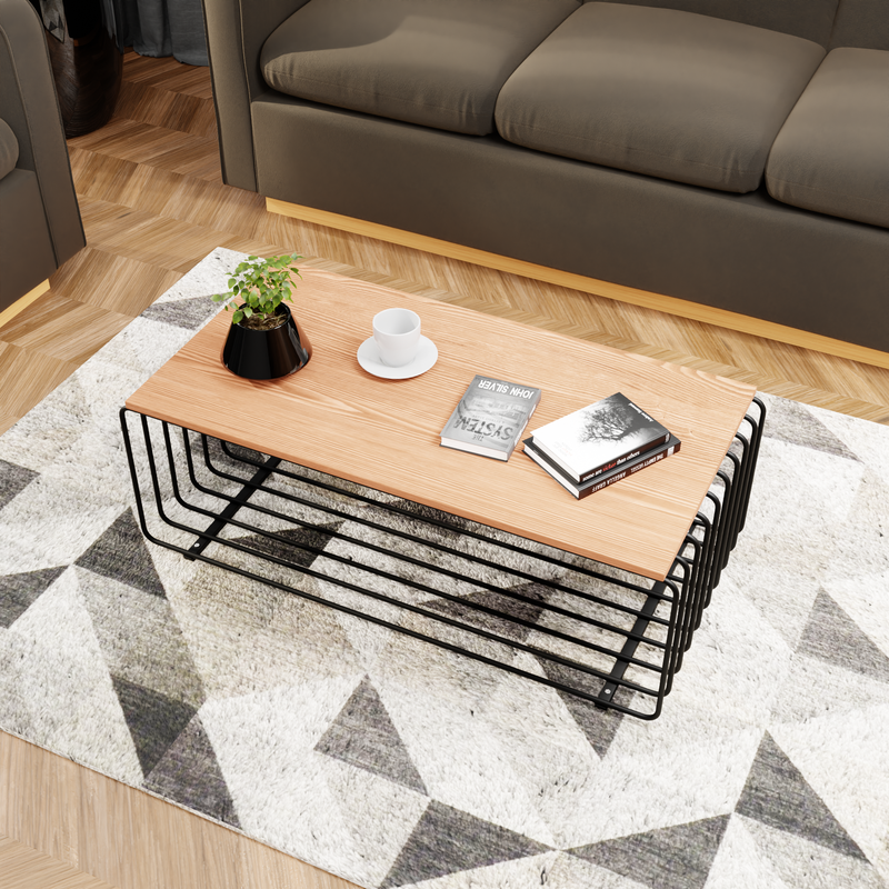 LeisureMod Walden Rectangular Coffee Table with Ash Veneer Top and Powder Coated Steel Frame in Black Top View.