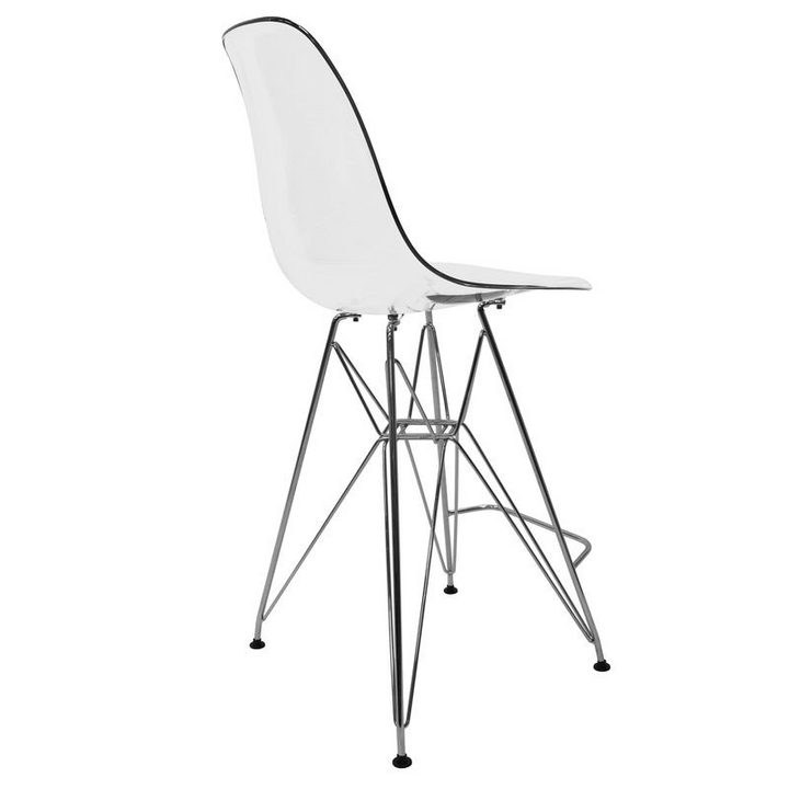LeisureMod Cresco Modern Acrylic Barstool with Chrome Base and Footrest in Clear Back View.