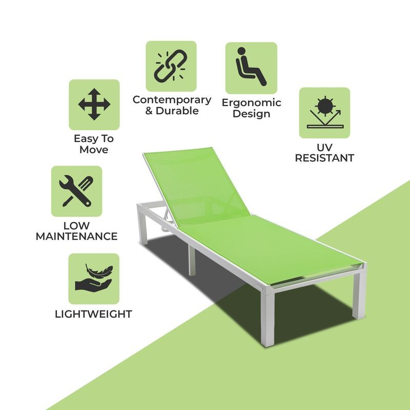 LeisureMod Marlin Patio Chaise Lounge Chair with White Aluminum Frame Green Description.