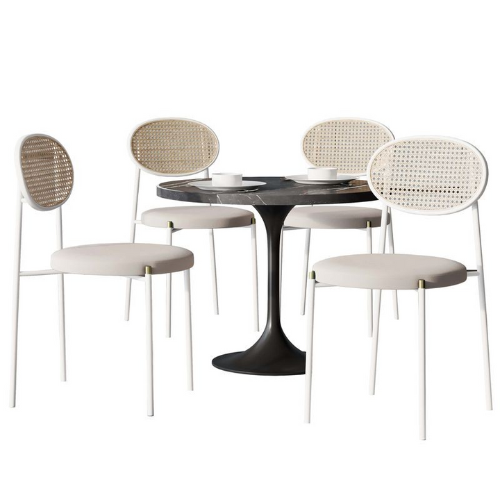 LeisureMod 5-Piece Dining Set with 36" Round Dining Table Black Sintered Stone Top and Black Pedestal with 4 Velvet Dining Chairs in White Steel Legs in Beige