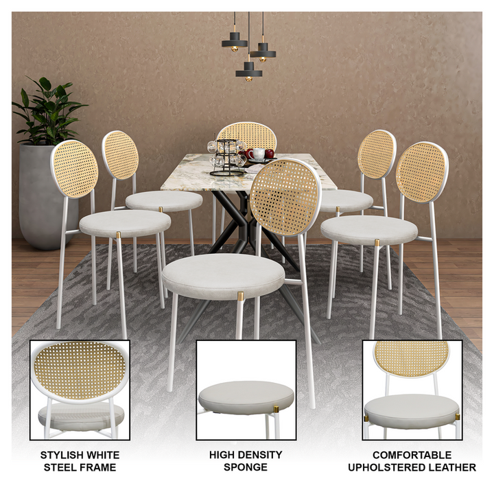 Dining table set with chairs featuring stylish white steel frame, high-density sponge, and comfortable upholstered leather.