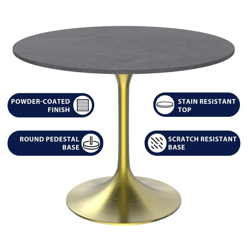 LeisureMod Verve Collection 36 Round Dining Table, Brushed Gold Base with Sintered Stone Grey Top Details.