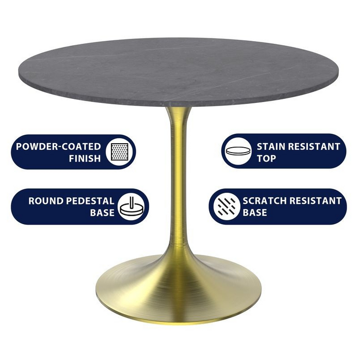 LeisureMod Verve Collection 36 Round Dining Table, Brushed Gold Base with Sintered Stone Grey Top Details.
