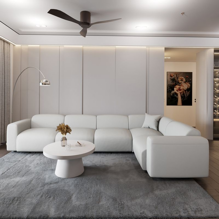 LeisureMod Whisper 4-Seater Conversation Set with a Chaise Lounge Chair in Beige in Living Room.