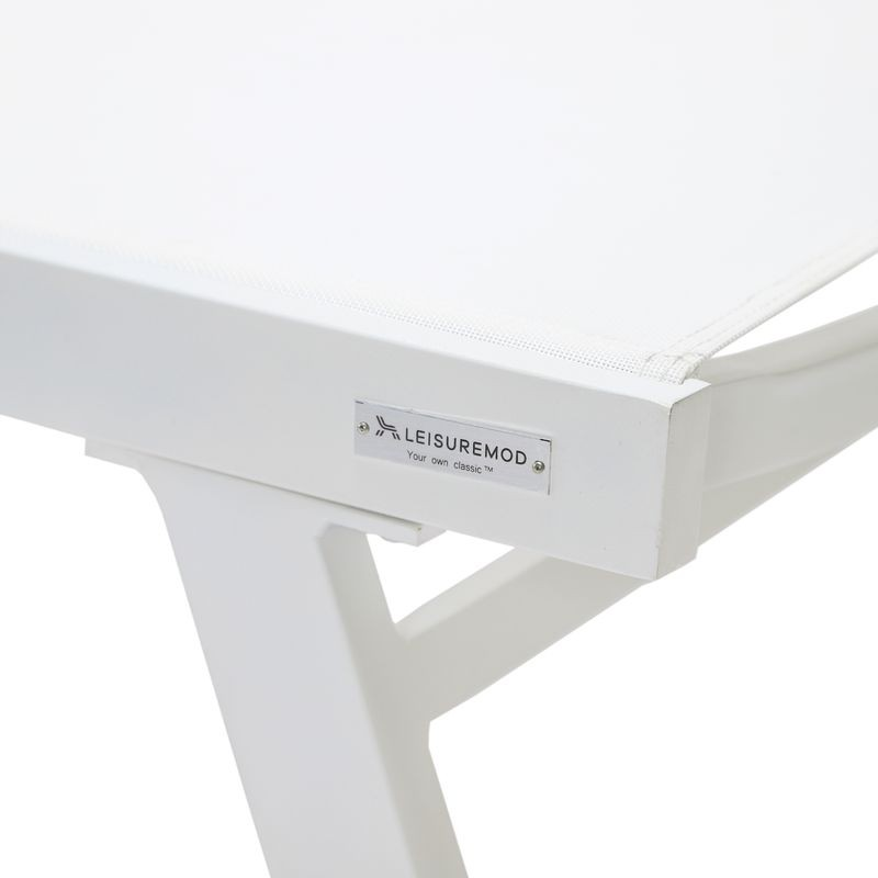 LeisureMod Marlin Patio Chaise Lounge Chair with Armrests in White Aluminum Frame White Closeup.