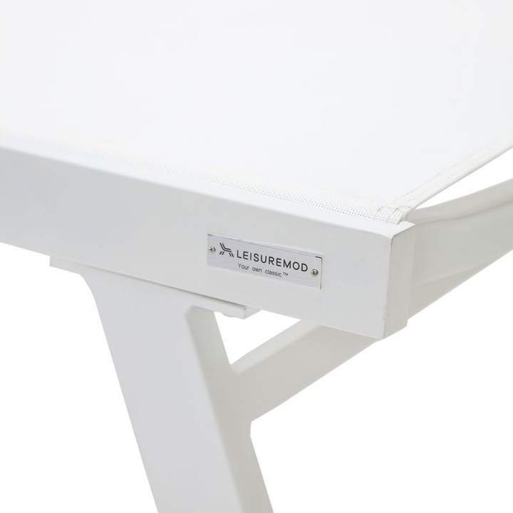LeisureMod Marlin Patio Chaise Lounge Chair with Armrests in White Aluminum Frame White Closeup.