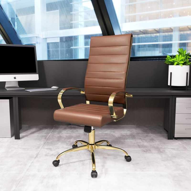 LeisureMod Benmar High-Back Leather Office Chair with Gold Frame Brown in Room.