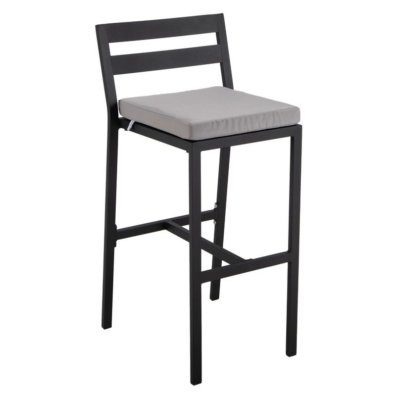 LeisureMod Chelsea Collection Modern Aluminum Outdoor Bar Chair in Black with Light Grey Cushions
