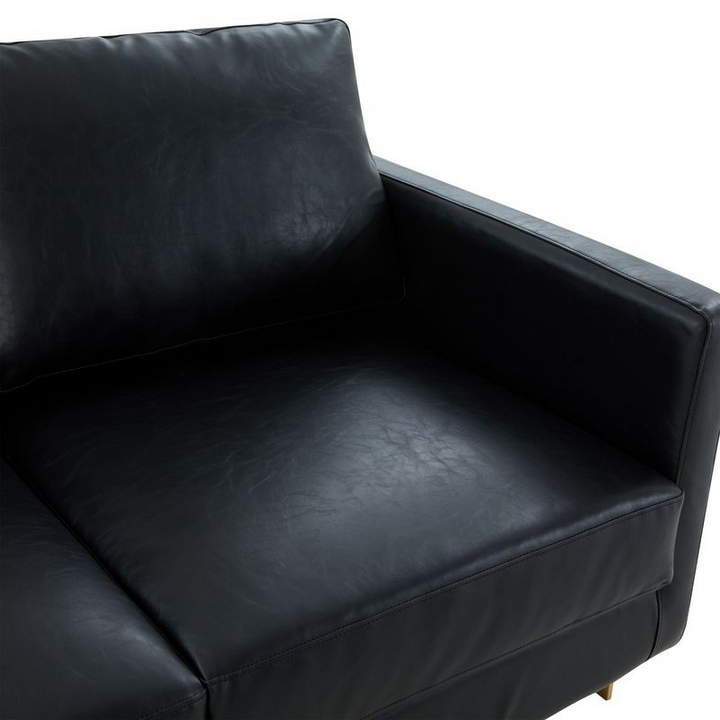 LeisureMod Lincoln Modern Mid-Century Upholstered PU Leather Loveseat with Gold Frame Black Zoomed In.