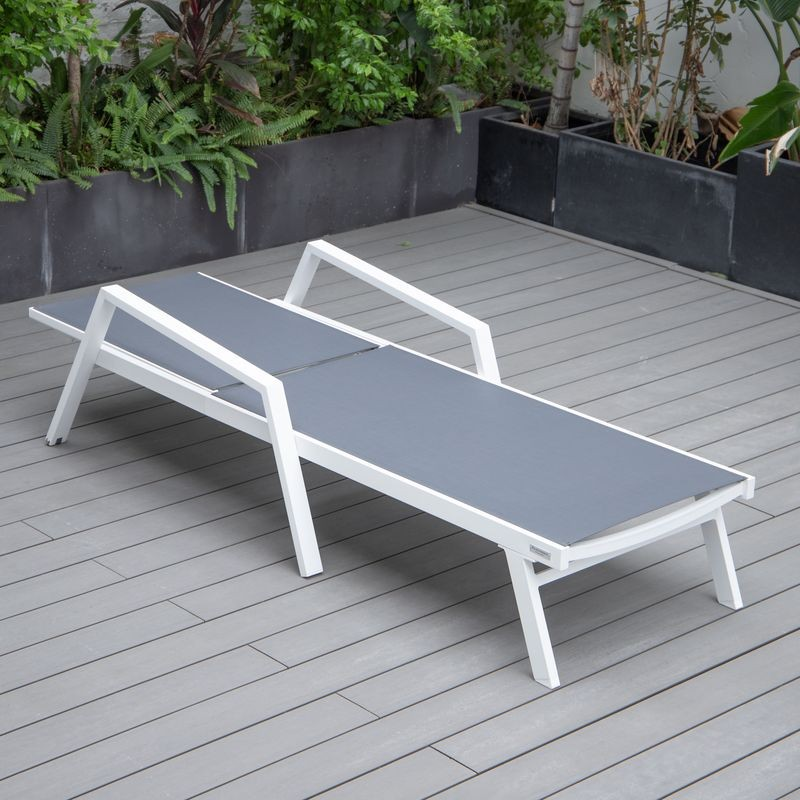 LeisureMod Marlin Patio Chaise Lounge Chair with Armrests in White Aluminum Frame Dark Grey Flat View.