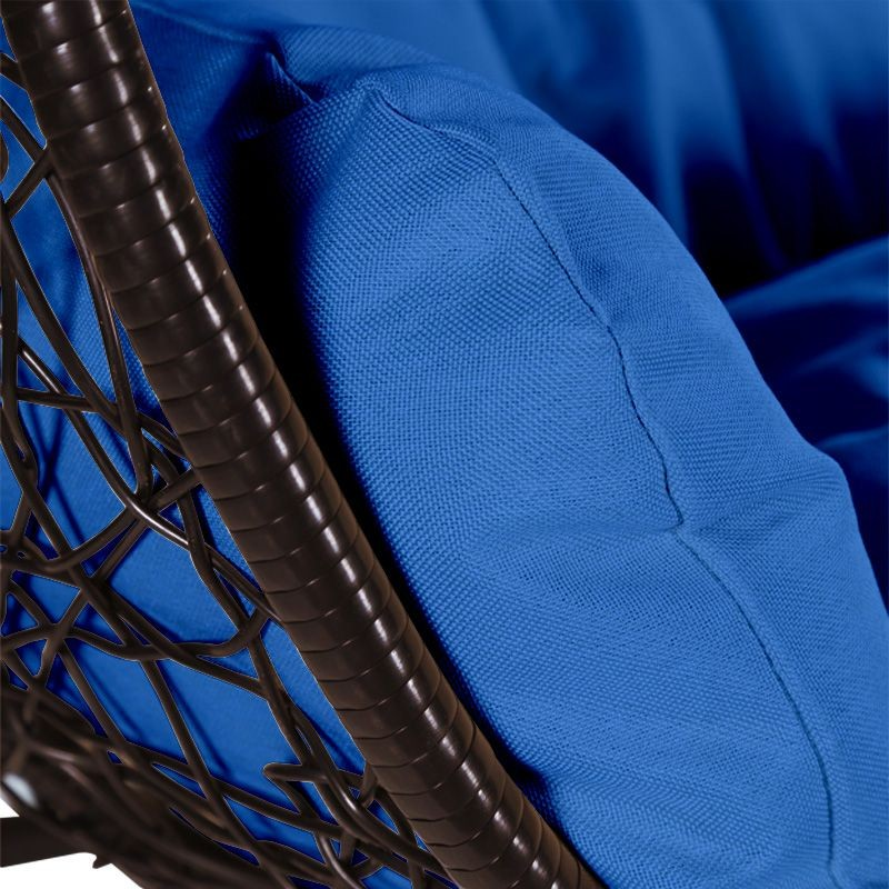 Leisuremod Recluse Collection Modern Outdoor Swing Chair Brown Frame with ES57 Blue Cushion Closeup.