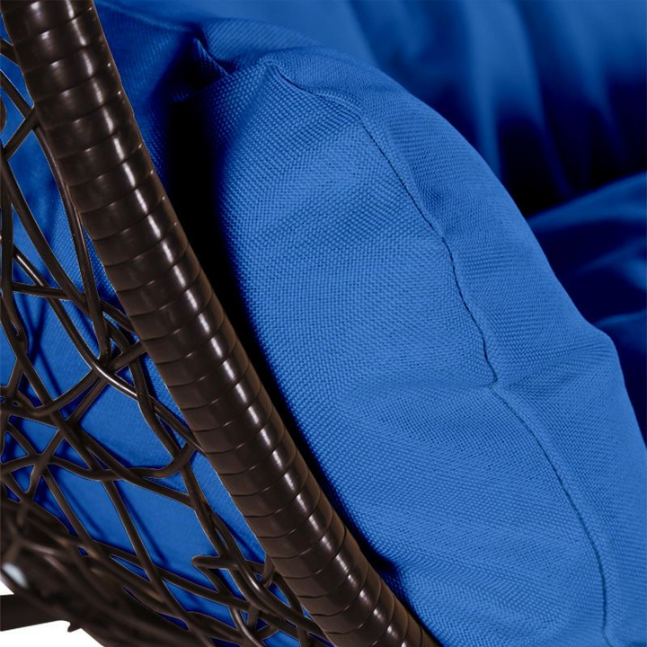 Leisuremod Recluse Collection Modern Outdoor Swing Chair Brown Frame with ES57 Blue Cushion Closeup.