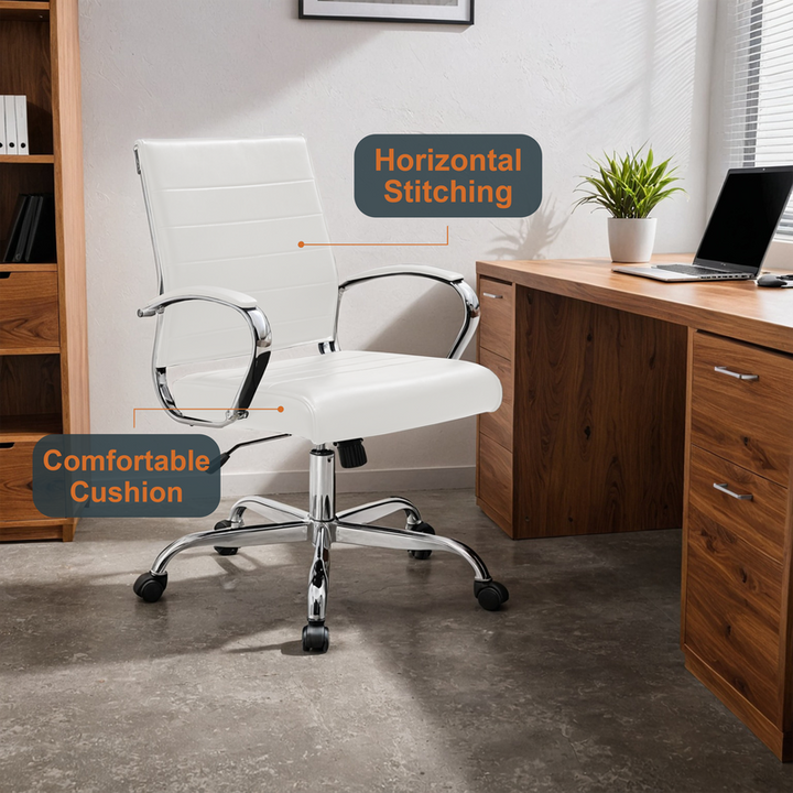 LeisureMod Benmar Leather Office Chair White at Desk.