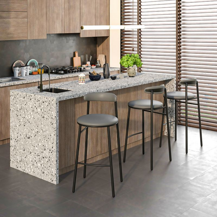 LeisureMod Lume Collection Modern Bar Stool in Charcoal at Bar.