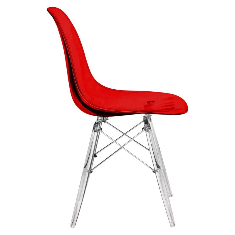 LeisureMod Dover Molded Side Chair with Acrylic Base Transparent Red Side View.