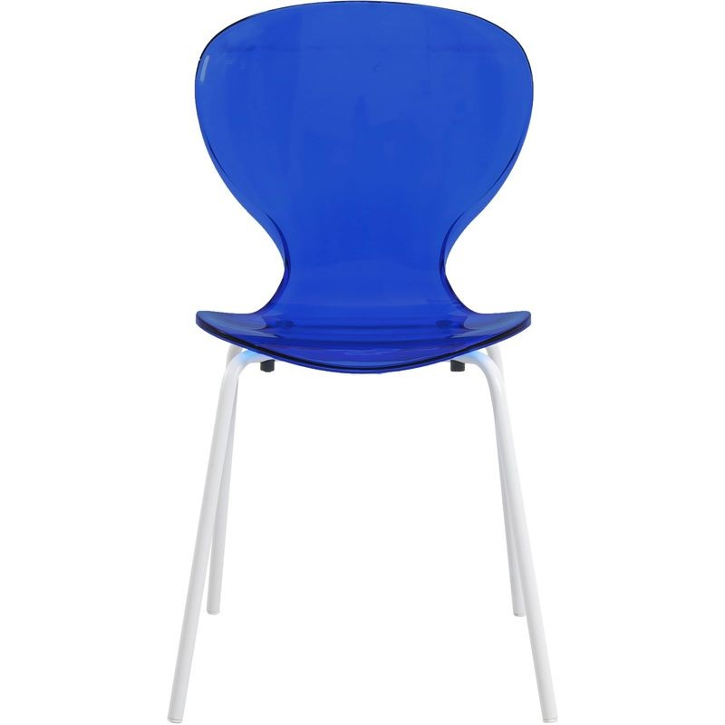 LeisureMod Modern Oyster Transparent Side Chair in White Base Set of 2 Blue Front View.