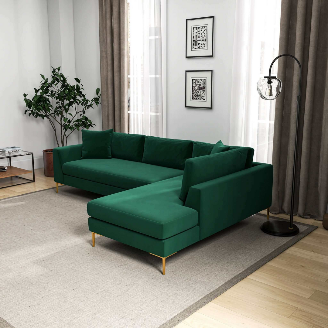 Mano L-Shaped Velvet Sectional Sofa in Green Right Facing Left Angled