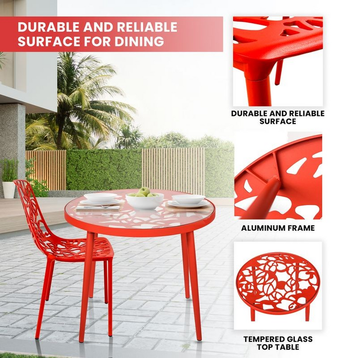 Red outdoor dining table and chairs with text highlighting features on a patio background.