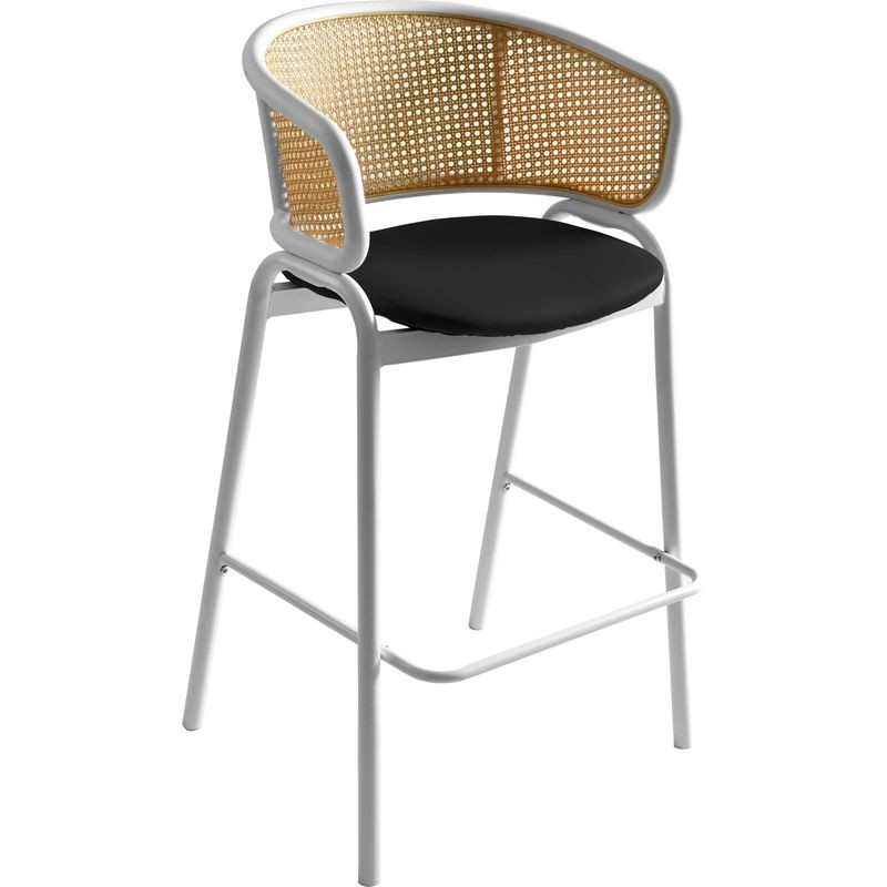LeisureMod Ervilla Wicker Bar Stool with Fabric Seat and White Steel Frame in Black leather
