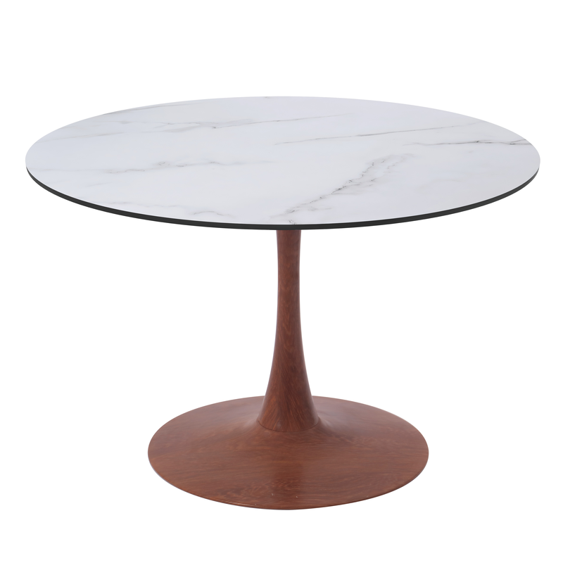 LeisureMod Bristol 40" Round Dining Table Wood Transfer Cherry Base with MDF Marbled White Top