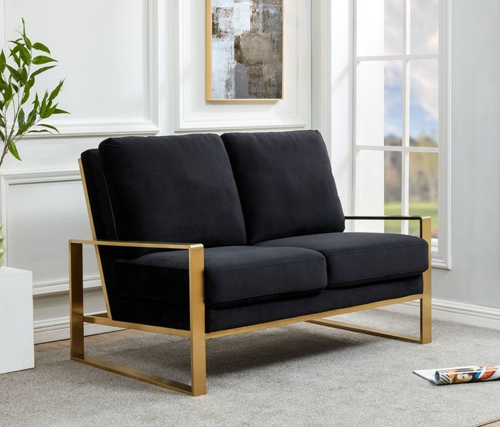 Leisuremod Jefferson Contemporary Modern Velvet Loveseat with Gold Frame Black with Background.