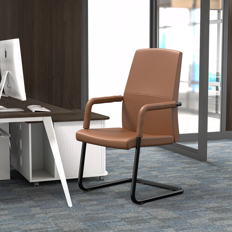 LeisureMod Evander Office Guest Chair in Dark Brown Leather at Desk.
