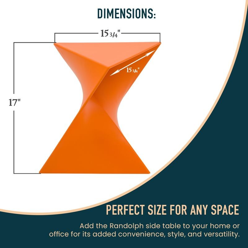 Orange side table with dimensions on a white and blue background.