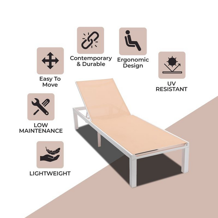 LeisureMod Marlin Patio Chaise Lounge Chair with White Aluminum Frame Light Brown Description.