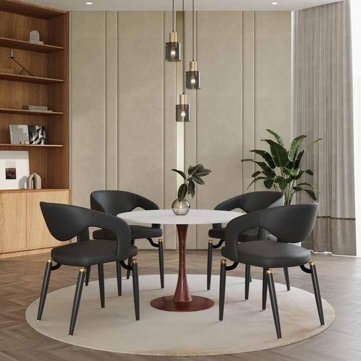 LeisureMod Bristol 40" Round Dining Table Wood Transfer Walnut Base with MDF White Top with Chairs.