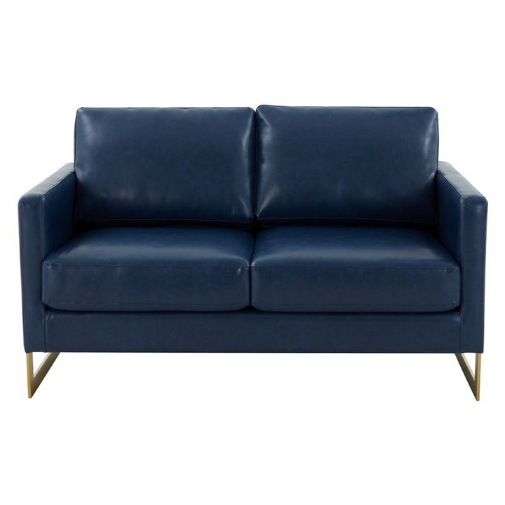 LeisureMod Lincoln Modern Mid-Century Upholstered PU Leather Loveseat with Gold Frame Navy Blue Front View.