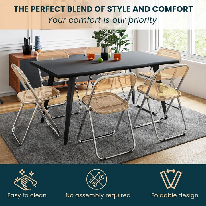 LeisureMod Lawrence Acrylic Folding Chair with Metal Frame at Table.
