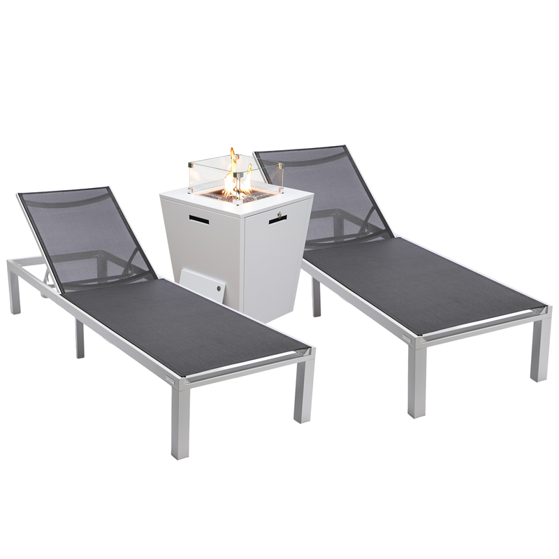 LeisureMod Marlin Modern Aluminum Outdoor Patio Chaise Lounge Chair Set of 2 with Square Fire Pit Side Table Perfect for Patio, Lawn, and Garden Black