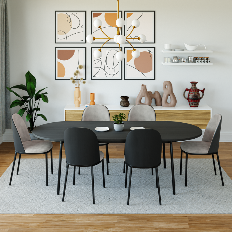 LeisureMod Tule Modern 83" Oval Dining Table with MDF Top and Black Steel Legs in Black Photo.