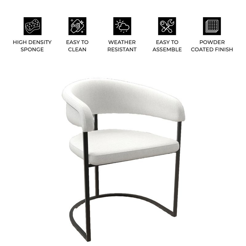 White chair with black metal legs on a white background, featuring icons and text about product features.