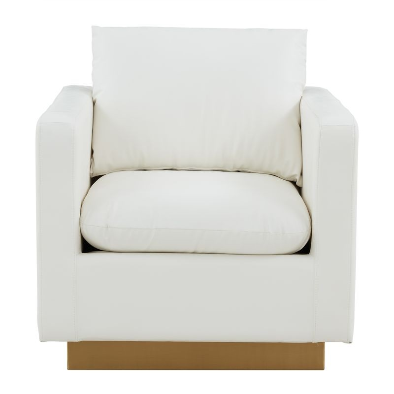 LeisureMod Nervo Faux Leather Accent Armchair with Gold Frame White Front Photo.