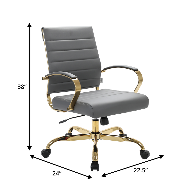 Gray office chair with gold accents and dimensions indicated on a white background.