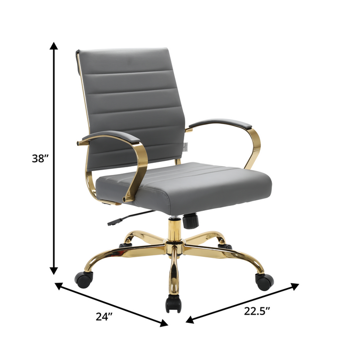 Gray office chair with gold accents and dimensions indicated on a white background.